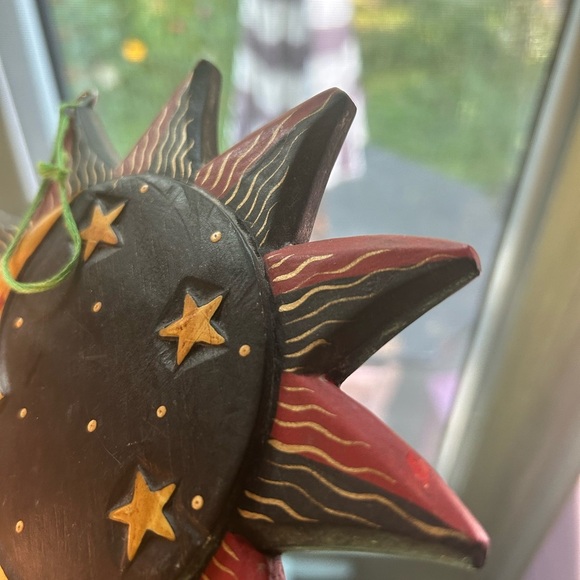 Vtg Wooden Hand Painted Sun Moon Face Hanging Ornament Christmas Indonesia 7” - Picture 9 of 16